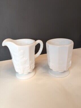 Vintage Westmoreland Milk Glass Paneled Grape Footed Sugar And Creamer Set